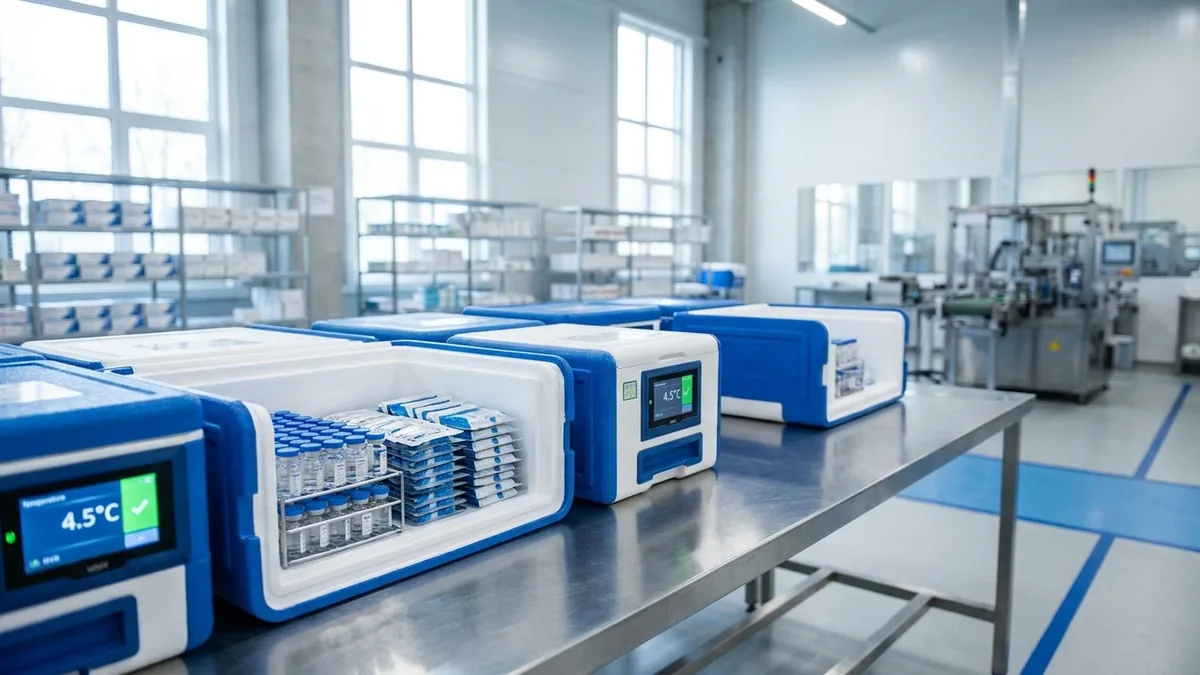 Logistyka chłodnicza badanych produktów leczniczych: kontenery z monitoringiem temperatury w magazynie GMP