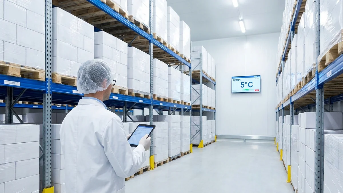Magazyn farmaceutyczny z kontrolowaną temperaturą — pracownik z tabletem przy paletach z produktami leczniczymi