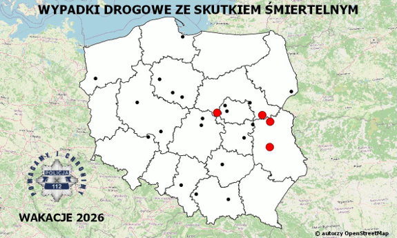 Policyjna mapa wypadków drogowych ze skutkiem śmiertelnym – Wakacje 2026