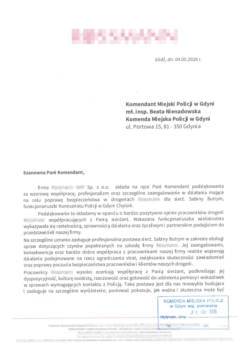 Pomagamy i chronimy-podziękowania dla gdyńskiej policjantki.